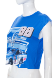 Blue Fashion Print Patchwork O Neck Tops