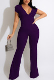 Grey Casual Solid Patchwork V Neck Straight Jumpsuits