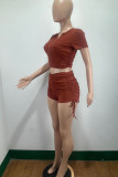 Brown Casual Sportswear Solid Patchwork Draw String Fold Zipper Collar Short Sleeve Two Pieces