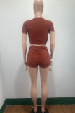Brown Casual Sportswear Solid Patchwork Draw String Fold Zipper Collar Short Sleeve Two Pieces