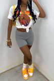 White Fashion Print Patchwork V Neck T-Shirts