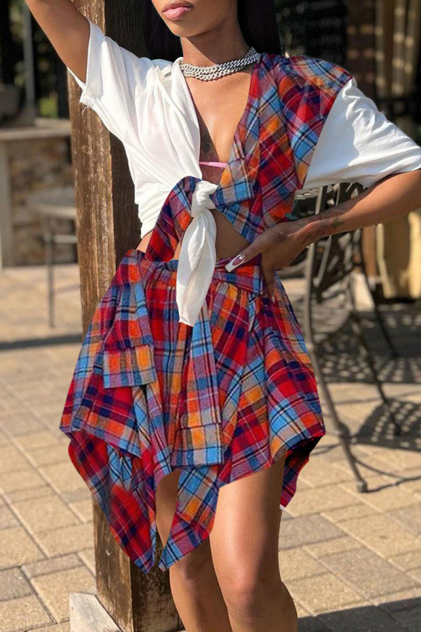 Multicolor Casual Street Print Bandage Patchwork Asymmetrical V Neck Short Sleeve Two Pieces