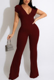 Grey Casual Solid Patchwork V Neck Straight Jumpsuits