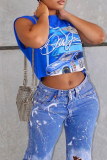 Blue Fashion Print Patchwork O Neck Tops