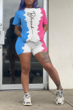 Powder Blue Fashion Print Patchwork O Neck Short Sleeve Two Pieces