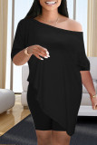 Pink Fashion Casual Solid Asymmetrical Oblique Collar Half Sleeve Two Pieces