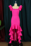 Rose Red Fashion Casual Solid Patchwork Square Collar Evening Dress