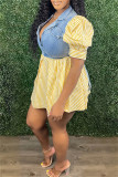Pink Fashion Casual Striped Print Patchwork Turndown Collar Short Sleeve Dress
