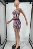 Red Sexy Casual Plaid Print Backless Halter Sleeveless Two Pieces