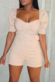 Beige Fashion Casual Solid Patchwork Square Collar Half Sleeve Two Pieces (Without Belt)