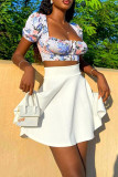 White Fashion Sexy Print Patchwork Square Collar Short Sleeve Two Pieces