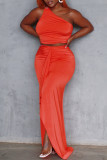 Tangerine Red Fashion Solid Patchwork Backless One Shoulder Sleeveless Two Pieces