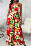 Red Casual Print Patchwork Spaghetti Strap Straight Jumpsuits