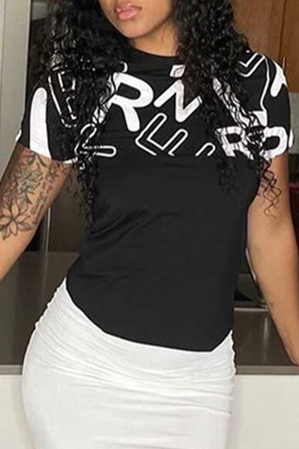 Black Fashion Print Patchwork O Neck T-Shirts
