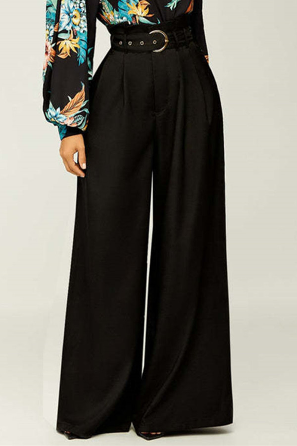 Black Fashion Casual Solid Patchwork Regular High Waist Trousers