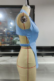 Blue Fashion Sexy Solid Backless Turndown Collar Tops