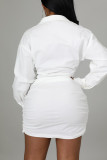 White Casual Solid Patchwork Asymmetrical V Neck Shirt Dress Dresses(Without Belt)