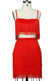 Red Fashion Sexy Solid Tassel Patchwork Backless Spaghetti Strap Sleeveless Two Pieces