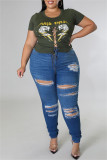 Army Green Fashion Casual Print Bandage Hollowed Out O Neck Plus Size Tops