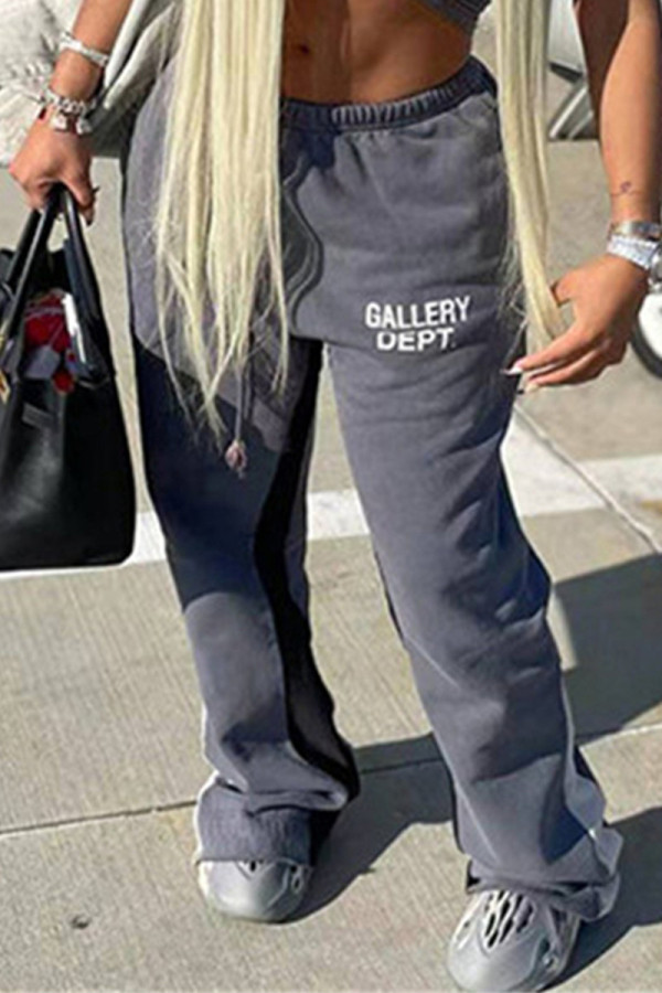 Dark Gray Fashion Casual Sportswear Letter Print Patchwork Regular Mid Waist Trousers