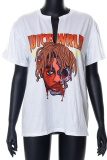 White Fashion Print Patchwork V Neck T-Shirts