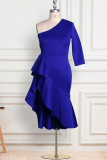 Blue Fashion Casual Solid Patchwork Backless Oblique Collar Irregular Dress