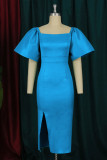 Blue Fashion Sexy Solid Slit Square Collar Evening Dress