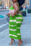 Green Sexy Striped Print Spaghetti Strap Straight Plus Size Dresses(Without Belt)