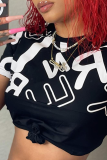 Black Fashion Print Patchwork O Neck T-Shirts