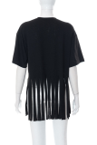 Black Fashion Print Tassel O Neck T-Shirts
