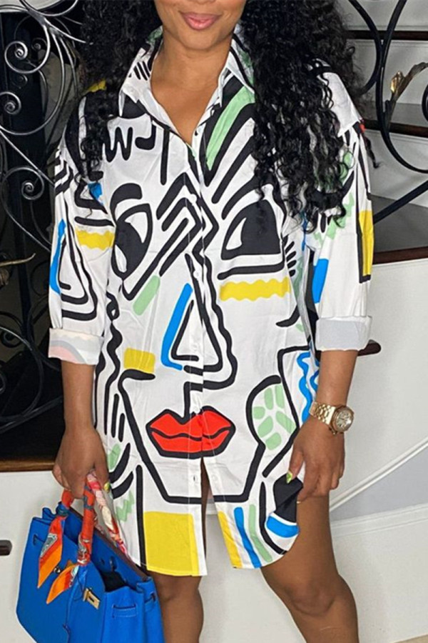 White Fashion Casual Print Patchwork Turndown Collar Shirt Dress