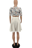 White Fashion Sexy Print Patchwork Square Collar Short Sleeve Two Pieces