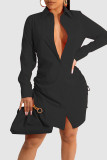 Black Casual Solid Bandage Patchwork Buckle Turndown Collar Shirt Dress Dresses