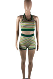 Green Sexy Striped Print Patchwork Backless Halter Sleeveless Two Pieces