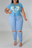 Blue Fashion Casual Print Bandage Hollowed Out O Neck Plus Size Tops