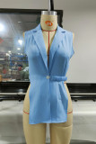 Blue Fashion Sexy Solid Backless Turndown Collar Tops