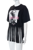 Black Fashion Print Tassel O Neck T-Shirts