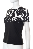 Black Fashion Print Patchwork O Neck T-Shirts