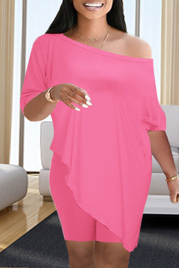 Pink Fashion Casual Solid Asymmetrical Oblique Collar Half Sleeve Two Pieces