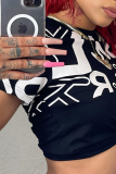 Black Fashion Print Patchwork O Neck T-Shirts