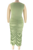 Green Casual Solid Patchwork Slit Fold U Neck One Step Skirt Plus Size Dresses