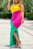 Yellow Fashion Patchwork Slit O Neck Pencil Skirt Dresses