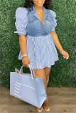 Pink Fashion Casual Striped Print Patchwork Turndown Collar Short Sleeve Dress