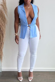 Blue Fashion Sexy Solid Backless Turndown Collar Tops