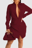 Burgundy Casual Solid Bandage Patchwork Buckle Turndown Collar Shirt Dress Dresses