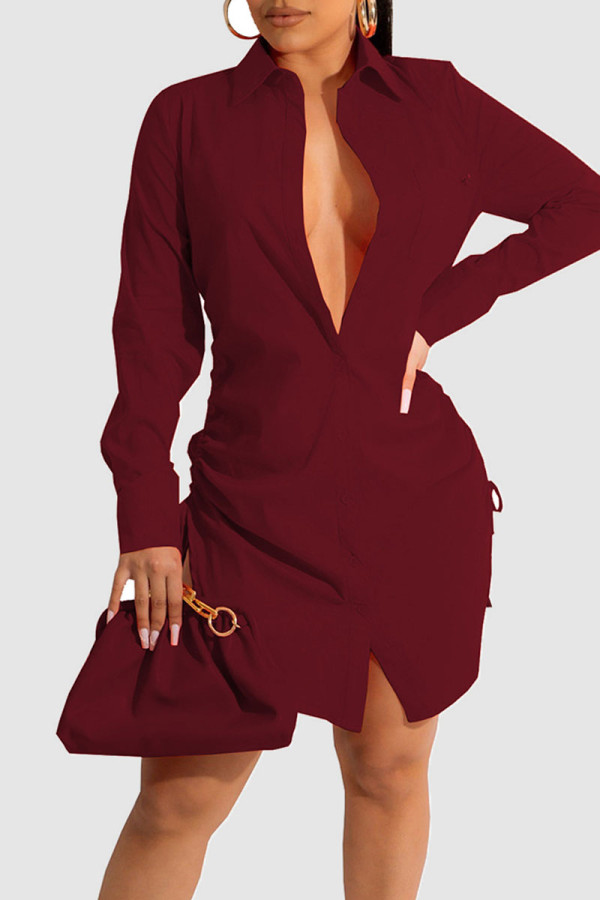 Burgundy Casual Solid Bandage Patchwork Buckle Turndown Collar Shirt Dress Dresses