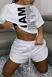 Red Fashion Casual Letter Print Basic O Neck Short Sleeve Two Pieces