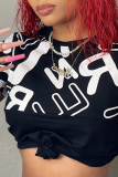 Black Fashion Print Patchwork O Neck T-Shirts