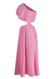 Pink Casual Solid Hollowed Out One Shoulder Straight Dresses