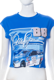 Blue Fashion Print Patchwork O Neck Tops